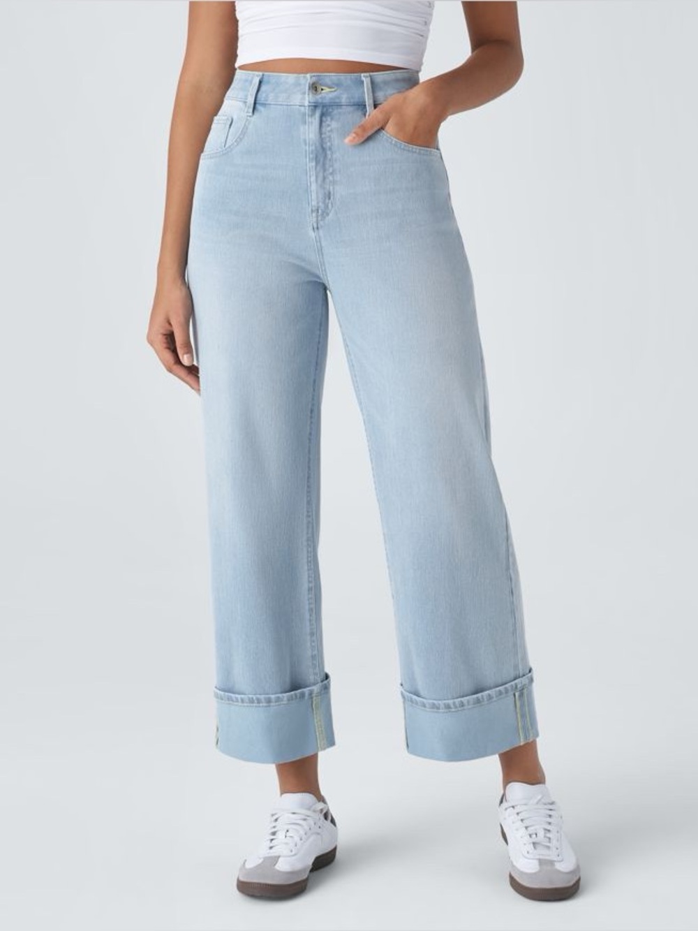 Halara Flex™ High Waisted Pockets Rolled Hem Wide Leg Washed jeans